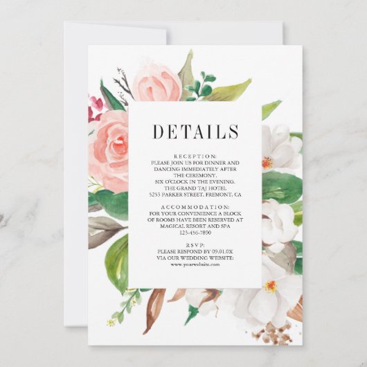 Invitation Floral rose Magnolia blanc en un seul Mariage (Dos)