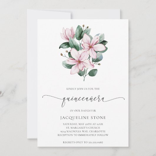 Invitation Floral rose Magnolia Fleurs Quinceañera (Devant)