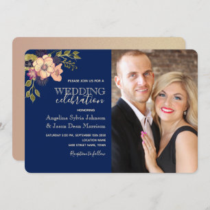 Invitation Floral rose marine Mariage bleu