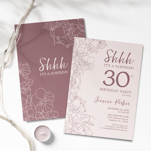 Invitation Floral rose mauve Surprise 30e anniversaire