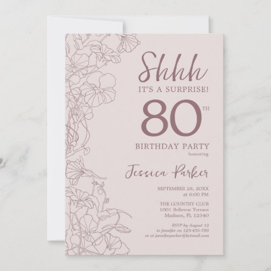 Invitation Floral rose mauve Surprise 80e anniversaire (Devant)