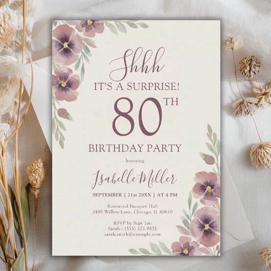 Invitation Floral rose mauve Surprise 80e anniversaire
