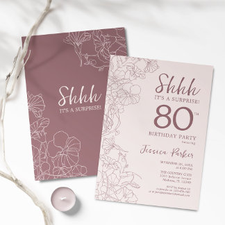 Invitation Floral rose mauve Surprise 80e anniversaire