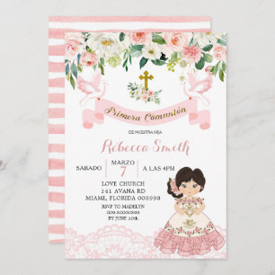 Invitation Floral rose Mexicaine Fille Sainte Communion Invit