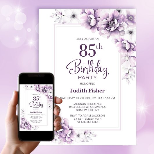 Invitation Floral rose moderne 85e fête d'anniversaire