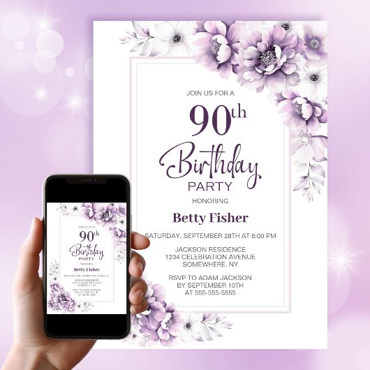 Invitation Floral rose moderne 90e fête d'anniversaire