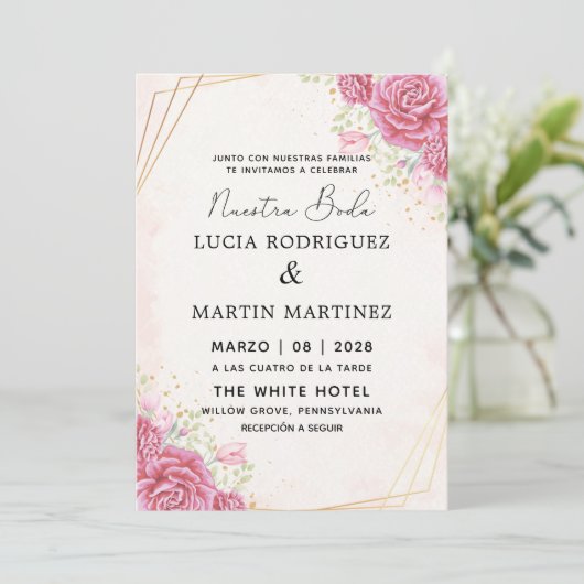 Invitation Floral rose moderne or espagnol Nuestra Boda (Debout devant)
