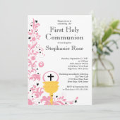 Invitation Floral rose moderne Première Communion (Debout devant)