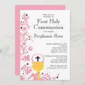 Invitation Floral rose moderne Première Communion (Devant / Derrière)