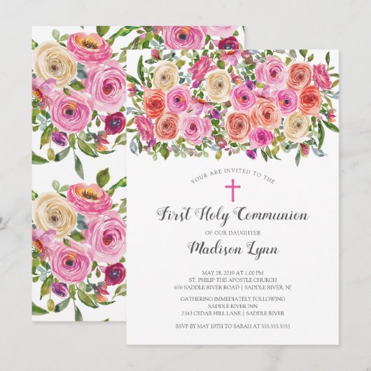 Invitation Floral rose moderne Première communion sainte (Devant / Derrière)