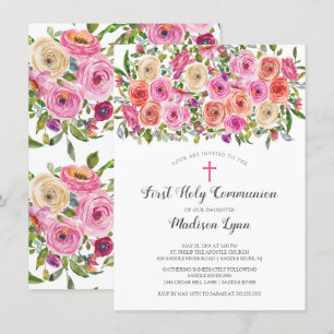 Invitation Floral rose moderne Première communion sainte