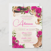 Invitation Floral Rose occidental Hot rose Quinceañera Charro (Devant)