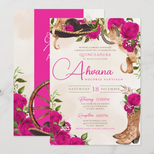 Invitation Floral Rose occidental Hot rose Quinceañera Charro (Devant / Derrière)