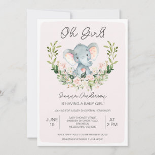 Invitation Floral Rose Oh Girls Elephant Baby shower
