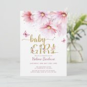 Invitation Floral rose or Baby shower botanique fille (Debout devant)