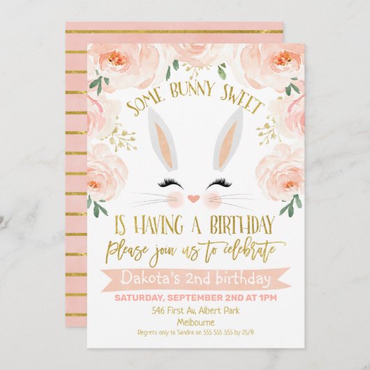 Invitation Floral rose Or Bunny Visage Anniversaire Invitatio (Devant / Derrière)