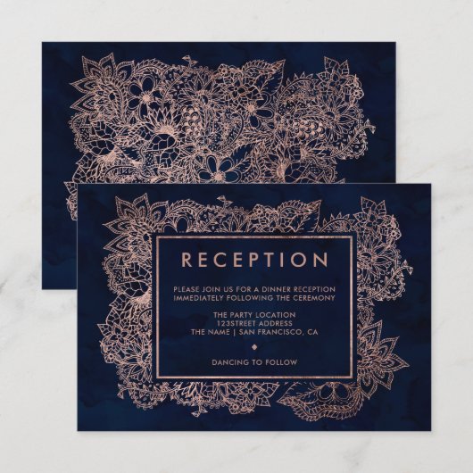 Invitation Floral rose or marine aquarelle de réception maria (Devant / Derrière)