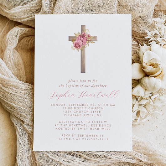 Invitation Floral rose or Roses Croix fille Baptême