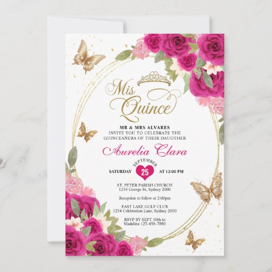 Invitation Floral rose or Tiara Butterfly Mis Quinceañera (Devant)