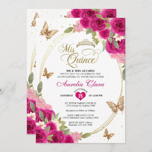 Invitation Floral rose or Tiara Butterfly Mis Quinceañera (Devant / Derrière)