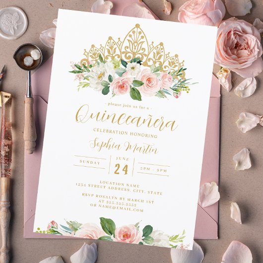 Invitation Floral rose or Tiara Quinceanera