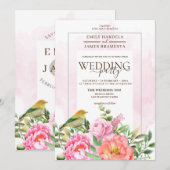 Invitation Floral rose Orange Avec Mariage Aquarelle Oiseau (Devant / Derrière)