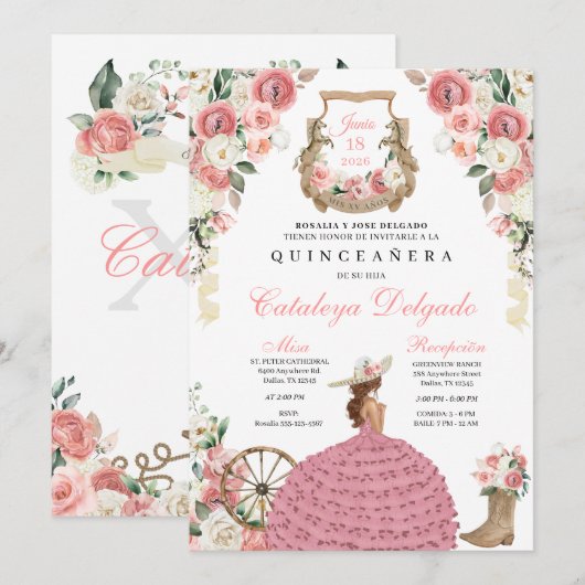Invitation Floral rose Ouest Mariachi Charro Quinceañera (Devant / Derrière)