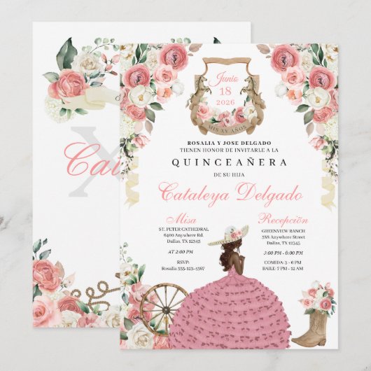 Invitation Floral rose Ouest Mariachi Charro Quinceañera (Devant / Derrière)