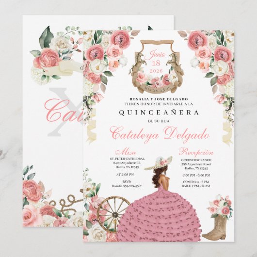 Invitation Floral rose Ouest Mariachi Charro Quinceañera (Devant / Derrière)