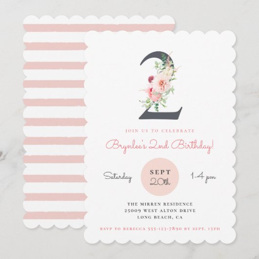 Invitation Floral rose pâle 2e anniversaire (Devant / Derrière)