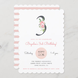 Invitation Floral rose pâle 3e anniversaire