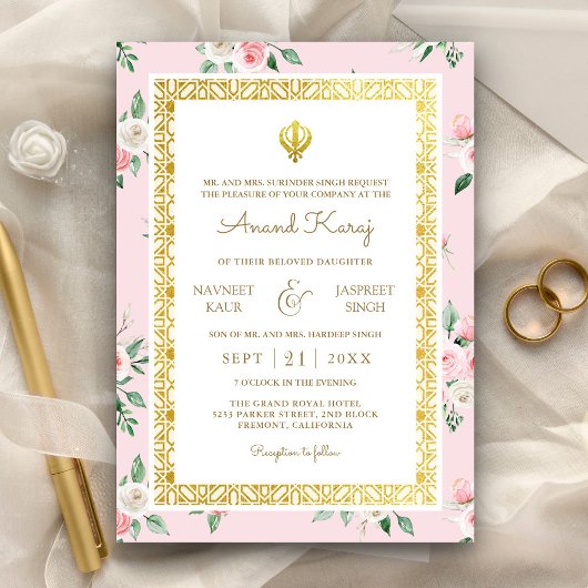 Invitation Floral rose pâle Anand Karaj Punjabi Sikh Mariage
