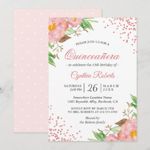 Invitation Floral rose pâle Confetti Quinceañera Anniversaire