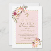Invitation Floral rose pâle espagnol 1er anniversaire & Baptê (Devant)