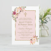 Invitation Floral rose pâle espagnol 1er anniversaire & Baptê (Debout devant)