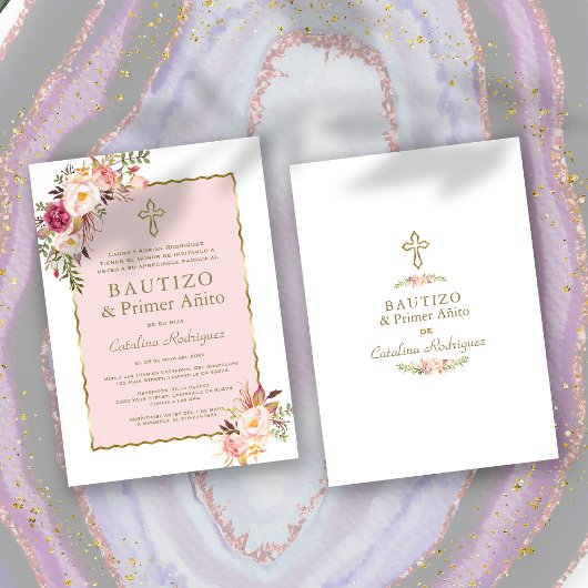 Invitation Floral rose pâle espagnol 1er anniversaire & Baptê