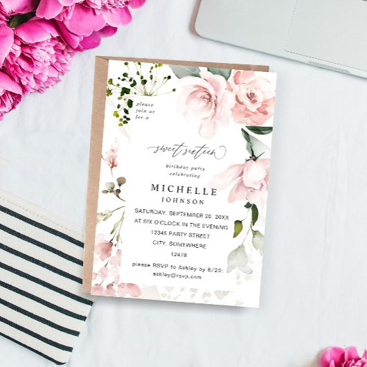 Invitation Floral rose pâle et Eucalyptus doux 16 2B