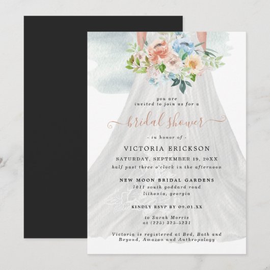 Invitation Floral rose pâle | Fête des mariées mariage (Devant / Derrière)