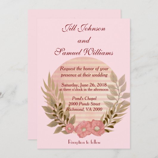 Invitation Floral rose pâle mariage (Devant / Derrière)
