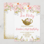 Invitation Floral rose pâle, premier anniversaire de thé haut (Devant / Derrière)