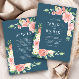 Invitation Floral rose pâle Rose Dusty Blue Mariage