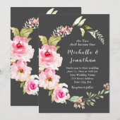 Invitation Floral rose pâle sur Mariage chrétien gris (Devant / Derrière)