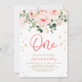 Invitation Floral rose pâle Un bébé fille 1er anniversaire (Devant)