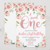 Invitation Floral rose pâle Un sucré un premier anniversaire (Devant / Derrière)