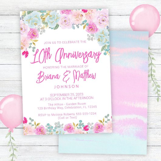 Invitation Floral rose Peach 10e anniversaire de Mariage