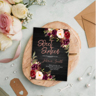 Invitation Floral rose Peony Sweet sixteen noir