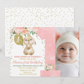 Invitation Floral rose Photo Fluffy Bunny 1er anniversaire (Devant / Derrière)