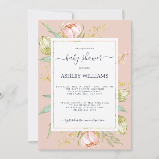 Invitation Floral rose pivoine Rustique Boho Baby shower rose (Devant)