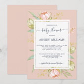 Invitation Floral rose pivoine Rustique Boho Baby shower rose (Devant / Derrière)