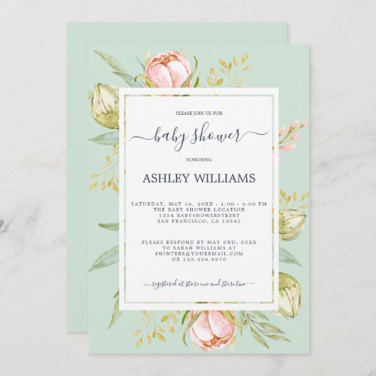 Invitation Floral rose pivoine Rustique Boho Baby shower vert (Devant / Derrière)